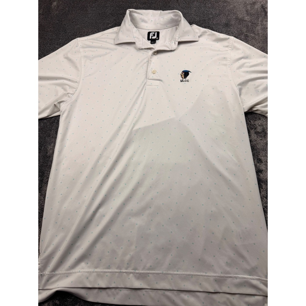 FootJoy MLCC Mens Golf Polo Shirt White Teal Diamond Print Short Sleeve Large